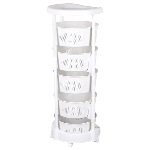 5 Tier Round Rotating Multi-Layer Kitchen Storage Shelf, Fruit Vegetable Storage Basket with Lockable Casters for Living Room Kitchen Home (White)