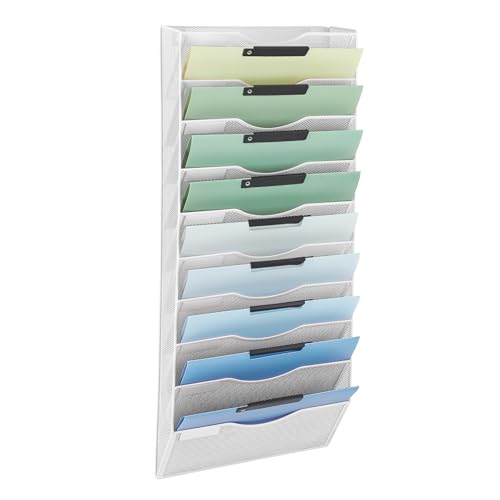 EASEPRES 10 Pocket Mesh Hanging Wall File Organizer, Wall Mounted Mail Paper Document Folder Holder, Clipboard Storage Organization Magazine Rack with Nametag Label for Office Home School, White - color: White, size: 10 Tier
