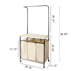 MYOYAY 3 Section Laundry Sorter with Garment Hanging Bar Rack Foldable Ironing Board, Laundry Basket Organizer Heavy Duty Laundry Hamper Rolling Cart with Lockable Wheels and 3 Removable Bags