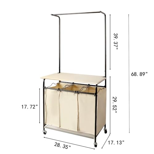 MYOYAY 3 Section Laundry Sorter with Garment Hanging Bar Rack Foldable Ironing Board, Laundry Basket Organizer Heavy Duty Laundry Hamper Rolling Cart with Lockable Wheels and 3 Removable Bags
