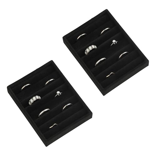 Frebeauty Small Jewelry Tray Set,Velvet Ring Organizer,Stackable Jewelry Organizer Tray,Mini Jewelry Drawer Organizer,4.92 x 3.74 x 0.9 Inches,7 Slots Ring Tray for Women (Set 2,Black) - color: Black, size: 7 Slots Set 2