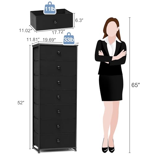 Crestlive Products Tall Dresser, 7-Drawer Fabric Storage Tower, Chests of Drawers - Vertical Organizer Unit for Bedroom, Hallway, Entryway, Nursery, Closets - Steel Frame, Wood Top & Handles (Black) - color: Black, style: Narrow-7 Drawers