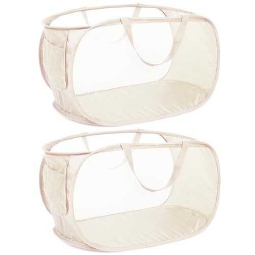 Durable Collapsible Laundry Baskets, Mesh Pop Up Laundry Hamper with Side Pocket, Foldable Clothes Hamper with Reinforced Carry Handles for Laundry, Bathroom, Kids Room, Dorm or Travel 2 Pack Beige - color: 2 x Beige
