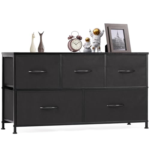 OLIXIS 5 Drawers Dresser for Bedroom, Fabric Storage Tower for Living Room, Entryway, Sturdy Steel Frame, Wooden Top & Easy Pull Fabric Bins - color: Black, size: 11.7"D x 38.6"W x 20.9"H (5 Drawers)