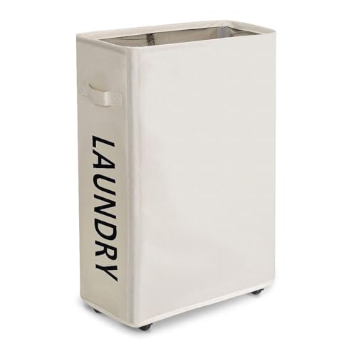 ZERO JET LAG 52L Large Slim Rolling On Wheels Laundry Hamper Tall Dirty Clothes Storage Basket Standable Corner Handy Bin Hamper Basket 15×8×22" (22 Inches, Printed Beige) - color: Printed Beige (With Wheels)