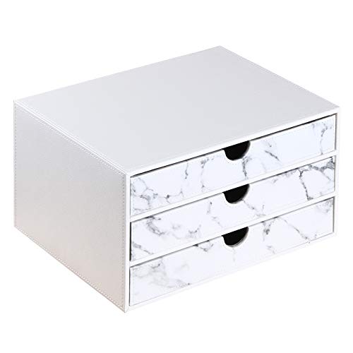 3-Drawer Leather Desk Organizer with A4 File Holder-Stackable Modular Storage Box for Office Supplies,Files,Bills & Jewelry-Space-Saving Design for Home Office,Desk & Workspace(White) - color: white