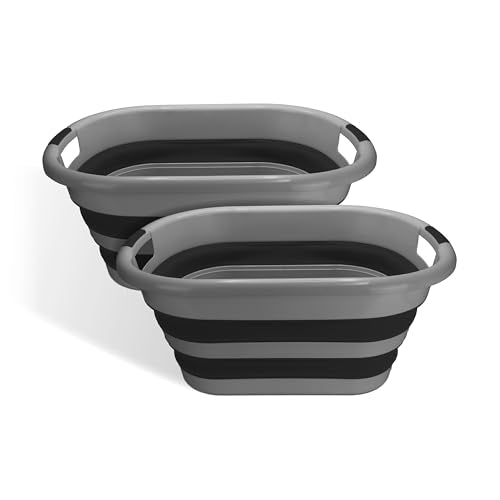 BROOKSTONE Collapsible Laundry Basket Set, Modern Medium Collapsible Basket Set, Comfort Non-Slip Grip Handles, Minimalist Space Saving Design, Portable Pop-Up Hamper, BPA FREE, Dark Grey, 2 PACK - color: Dark Grey, size: Regular - Two Pack