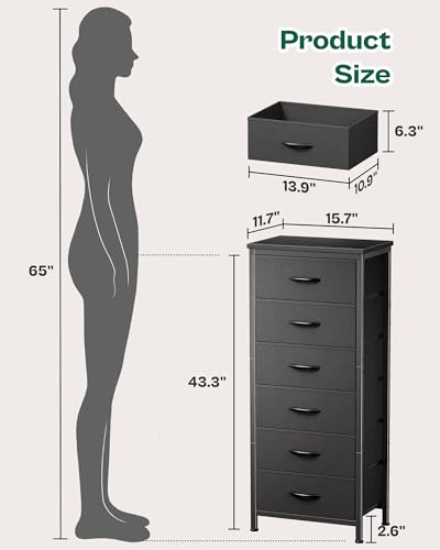 Huuger 43.3 Inch Tall Dresser for Bedroom, 6 Drawer Night Stand & Chests of Drawers, Fabric Dresser for Closet, Bedroom, Nightstand, End Table with Metal Frame, Storage Tower with Fabric Bins, Black - color: Black, size: 43.3inch(6 Drawers)