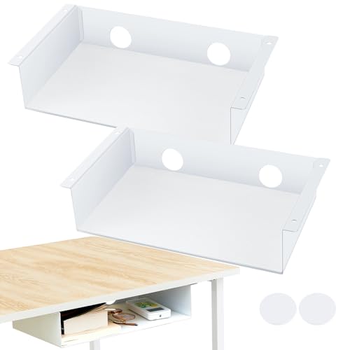 Yaocom 2 Pack 13 Inch Under Desk Hanging Shelf, Carbon Steel Storage Tray with Mute Felt Sheets, Mount Shelves Organizer for Office Home Workstation Gaming Stand Up(13x8x2.8 in/Storage Shelf, White) - color: White, size: 13x8x2.8 In
