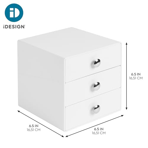 iDesign 3-Drawer Plastic Vanity Organizer, Compact Storage Organization Drawers Set for Cosmetics, Dental Supplies, Hair Care, Bathroom, Dorm, Desk, Countertop, Office, 6.5" x 6.5" x 6.5", White - color: White, style: Pack of 1