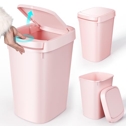 CEROELDA 3 Pack Bathroom Trash Can with Lid, 10L/2.6 Gal Small Garbage Can with Press Top Lid, Slim Plastic Waste Basket for Toilet, Office, Bedroom (Pink) - color: 3 Pack-Pink