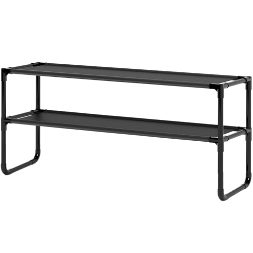 Long Shoe Rack, 2-Tier Stackable Shoe Organizer for Closet, Entryway, Hallway, Extra Bottom Layer, Holds 12-15 Pairs, Sturdy & Durable Waterproof Fabric Shelf, Space-Saving,Black(35.8" Wide) - size: 2-Black