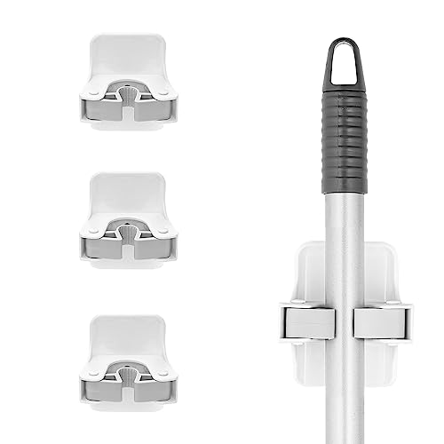 Superio Mop and Broom Holder, Set of 4 Single Piece Hooks, White Plastic Wall Mount Cleaning Storage Tool Organizer, Heavy-Duty Hook for Kitchen, Closet Garage, and Office - size: 4