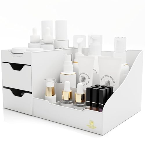Uncluttered Designs Large Makeup Organizer for Vanity - Countertop Desk With Drawers for Cosmetic, Beauty, Hair, Nail, Perfume & Skincare - Perfect for Bathroom & Bedroom Storage (White) - color: White