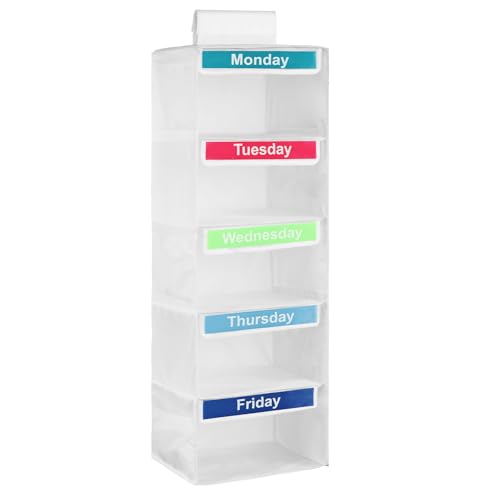Weekly Clothes Organizer for Kids, Monday-Friday Daily Clothes Organizer and Storage, 5 Shelf Polyester Door Hanging Closet with Color Labels for Days of The Week Clothes Diaper Hats Bags Organization - color: white