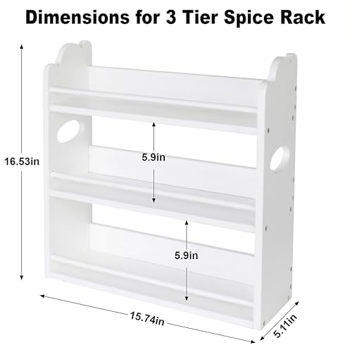 3 Tier Bamboo Spice Rack, Spice Rack Organizer, Seasoning Jars Rack Shelf Spice Organizer for Kitchen Counter or Wall Mounting, Spice Storage Holder with handles, Jars Not Included, White - color: White with Handles