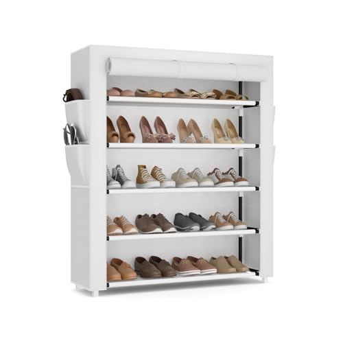 VILICK Shoe Rack with Cover, 5 Tier Shoe Organizer Storage for 20-24 Pair Shoes and Boots Large Shoe Storage Shelf Space Saving Vertical Shoe Rack for Closet, Front Door Entrance, Dorm, Garage, White - color: White, size: 33.8"W-5 Tier