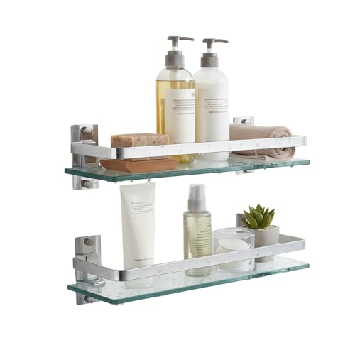AIJALY 2 Pack Bathroom Glass Shelf,15.7 Inches Silver Bathroom Shower Glass Shelf Wall-Mounted, Metal Storage Floating Kitchen Shelf - color: Silver 2 Pack