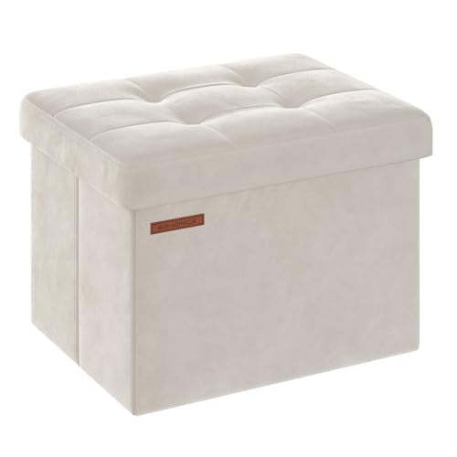 SONGMICS Storage Ottoman, Foldable Small Ottoman Foot Rest, 12.2 x 16.1 Inches Foot Stool, OAD up to 286 lb, for Living Room, Bedroom, Dorm, Cream White ULSF200W01 - color: Cream White, style: Velvet