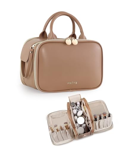 Prite Makeup Bag for Women, Large Capacity Waterproof Travel Cosmetic Organizer, Portable Open Flat Toiletry Bag with Free-standing Brush Holder and Handle(Brown Medium) - color: Brown, size: Medium
