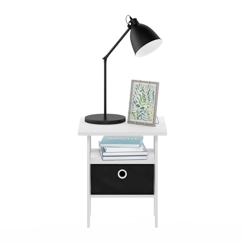 Furinno Andrey Side Table, End Table, Night Stand with Open Shelves and Storage Bin, Bedside Table, for Living Room, Bedroom, White - color: White/Black, size: 1-Pack, Center Bin