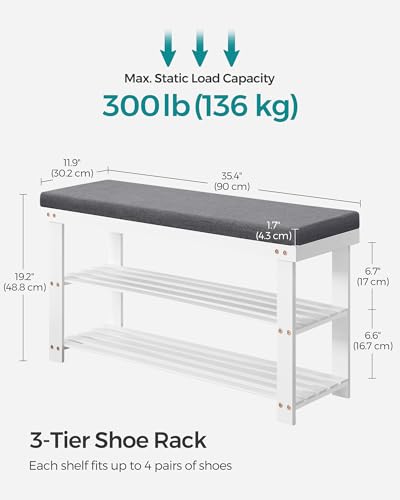 SONGMICS Bamboo Shoe Bench, 3-Tier Shoe Rack Organizer for Entryway, Living Room, Bench Seat Holds Up to 300 lb, 11.9 x 35.4 x 19.2 Inches, Cloud White and Slate Gray ULBS904W01 - color: Cloud White + Slate Gray, size: 35.4"W