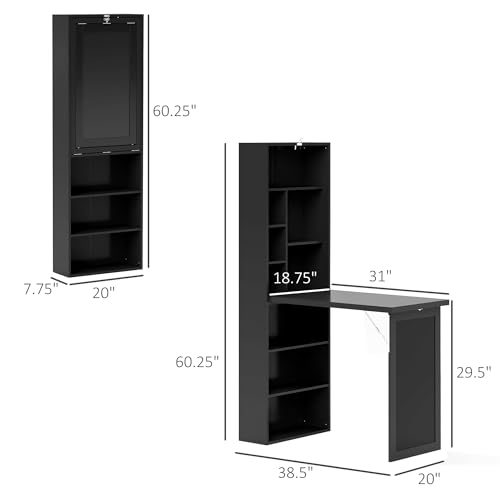 Foldable Wall Mounted Desk with Storage Shelves, Fold Out Convertible Computer Table with Blackboard, Folding Writing Table Workstation for Small Spaces,Home Office (Black) - color: Black