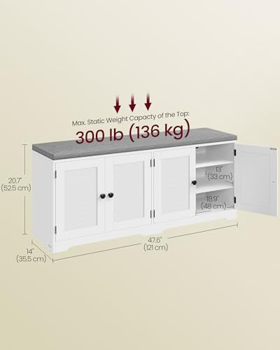 VASAGLE Shoe Storage Bench with Cushion, 3-Tier Entryway Bench with Padded Seat, Doors, Adjustable Shelves, 14 x 47.6 x 20.7 Inches, for Hallway, Bedroom, Cloud White and Dove Gray ULSB048WB01 - color: Cloud White + Dove Gray, size: 14"D x 47.6"W x 20.7"H