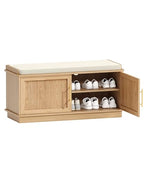 Akxomel Fluted Shoe Storage Bench with Cushion, 39.4" Entryway Bench with Adjustable Shelves and 2 Doors, Shoe Cabinet Bench with Curved Profile, for Hallway, Living Room, Bedroom, Natural Oak