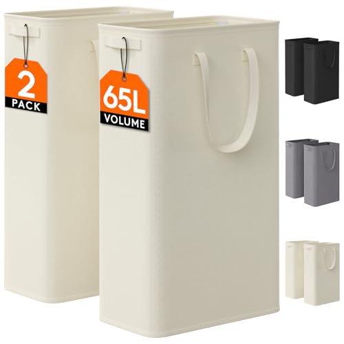 Lifewit 2 Pack Slim Laundry Hamper, Collapsible Narrow Laundry Basket, Small Tall Dirty Clothes Hampers with Handles for Bathroom Bedroom College Dorm, White, 65L - color: White