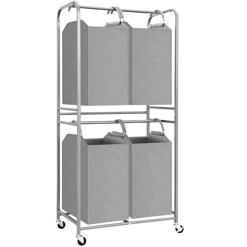 STORAGE MANIAC 4 Section Vertical Laundry Hamper, 2 Tier Laundry Sorter with 4 Removable Tote Bags, Rolling Clothes Basket for Towels, Blankets, Tall Dirty Clothes Hamper for Closet, Bathroom, 4 Bags - size: 4 Section