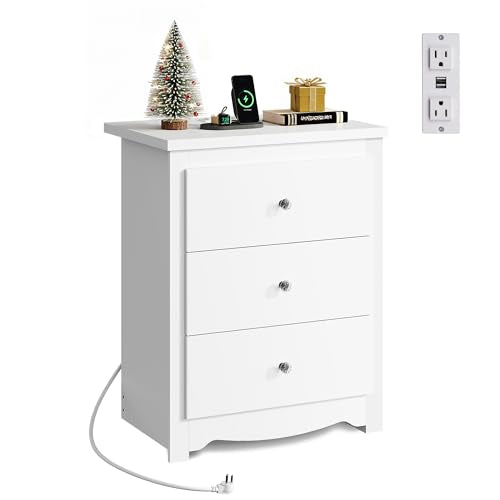 WLIVE White Nightstand with Charging Station, Wood Night Stand with 3 Drawers Storage, Tall Bedside Table End Side Tables with 2 USB Ports and Outlets for Bedroom, Closet, White - color: White