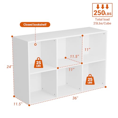 Wooden 6 Cube Storage Organizer with Closed Back Panel, Modern Open Cube Storage Shelf Bookshelf with Compartments, Cube Shelf Organizer for Living Room, Bedroom, Study Room (White) - color: White