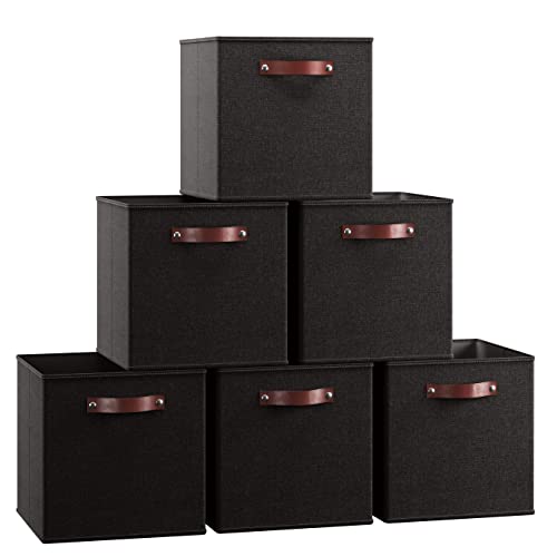 Ornavo Home 11 x 11 Storage Cube Bins, Foldable Collapsible Fabric Storage Bins Box Linen Shelf Basket Cube Organizer for Closet with Leather Handles, 6 Pack, Black - color: Black, size: Cube - 11 x 11 x 11