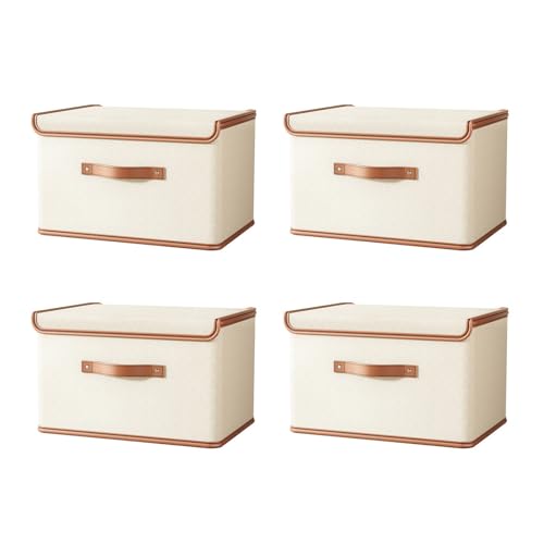 4 PCS Oxford Fabric Storage Bins with Attached Lid - Large Clothes Organizer (44x30x29cm), Breathable Collapsible Closet Bins for Clothing, Seasonal & Dorm Organization, Beige - size: 4PCS