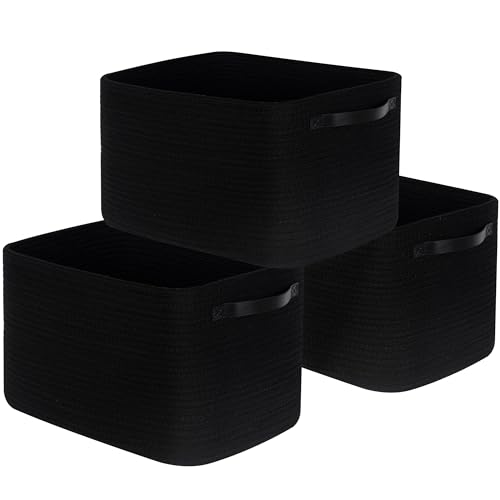 MINTWOOD Design 3-Pack Storage Baskets for Shelves, Decorative Baskets for Organizing, Woven Baskets for Storage, Book Basket Cube Bin Box, Pantry Closet, Shoe Organizer, Black / Black - color: Black / Black