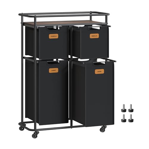 VASAGLE Laundry Sorter, Laundry Hamper with Wheels, 39.6 Gal. (150 L) Portable Rolling Cart Baskets with Shelf, 4 Removable Liners and 6 Labels, Ink Black and Chestnut Brown URLS100B01 - size: 4 Bags