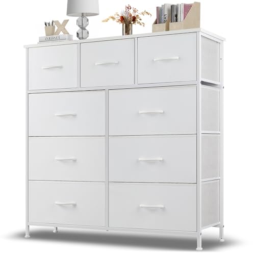 Dresser for Bedroom, 9 Storage Drawers, Anti-Tip Tall Fabric Closet Chests Organizer Tower Furniture with Wooden Top Metal Frame for Clothes, Living Room, Hallway, Entryway