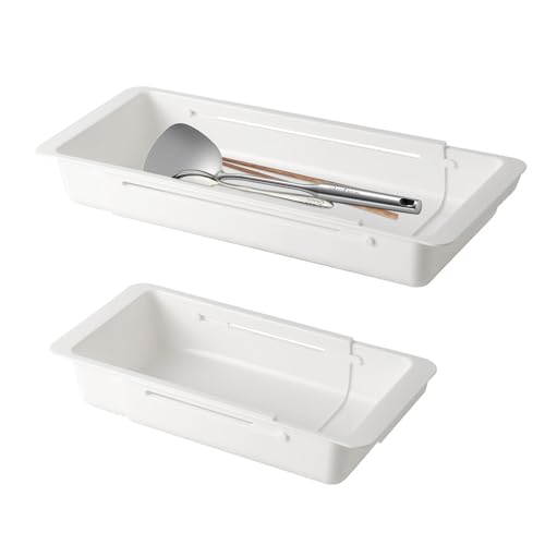 SnowTing 2 PCS Deep Drawer Organizer, 2 Sizes Expandable & Adjustable White Plastic Organizer, Sliding Drawer Storage Bins for Kitchen Utensils, Office Supplies, Cosmetics, Tools