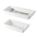 SnowTing 2 PCS Deep Drawer Organizer, 2 Sizes Expandable & Adjustable White Plastic Organizer, Sliding Drawer Storage Bins for Kitchen Utensils, Office Supplies, Cosmetics, Tools