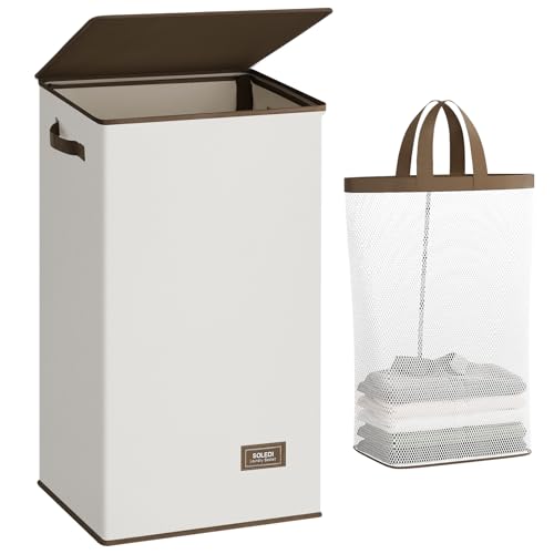 SOLEDI Clothes Hamper with Lid - 100L XL - Large Laundry Basket with Removable Bag, Collapsible Laundry Baskets, Convenient Storage - Hampers for Laundry for Bedroom, Bathroom, Closet, Dorm, Off-White - color: Off-White, size: 100L