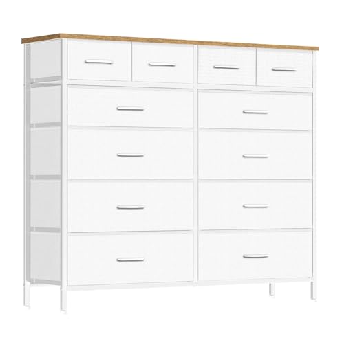VASICAR Compact 12 Drawers Dresser for Bedroom, Fabric Storage Tower, Chest of Drawers with Retro Wood Top for Closet, Nursery, Living Room - color: Classic White