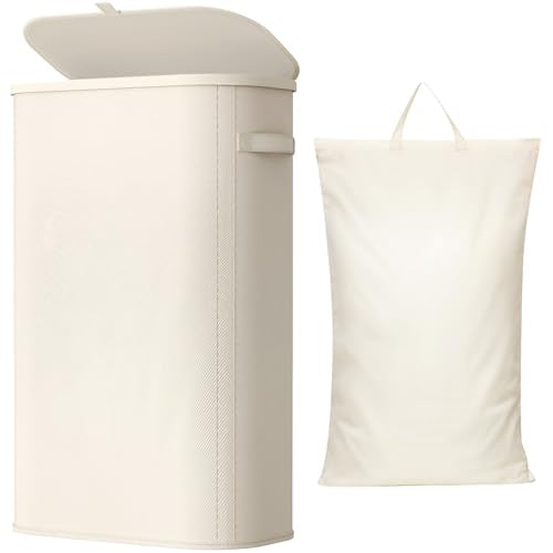 Lifewit Slim Laundry Basket with Lid, Narrow Large Laundry Hamper with Plastic Handles and Removable Bag, Tall Foldable Dirty Clothes Hampers for Laundry Room, Bedroom, Bathroom, Dorm, 65L White - color: White, size: 65L
