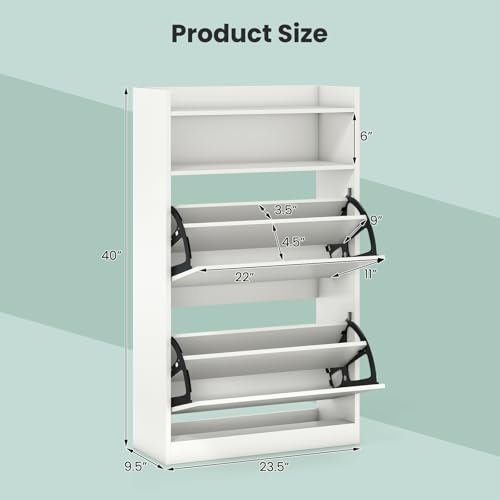 GOFLAME Shoe Storage Cabinet with 2 Flip Drawers, Hidden Shoe Storage Organizer with Adjustable & Removable Shelves, Freestanding Narrow Shoe Rack for Entryway, Hallway, Living Room, White