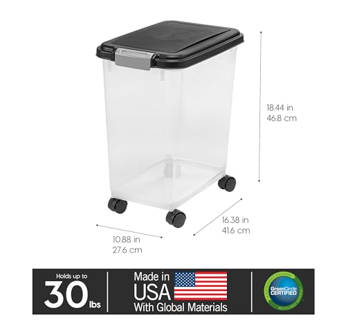 IRIS USA Airtight Dog Food Storage Container, Up to 30 lbs, Attachable Wheels, for Dog Cat Bird and other Pet Food Storage Bin, Keep Fresh, Easy Mobility, BPA Free, Black - color: Black, size: 30 lbs