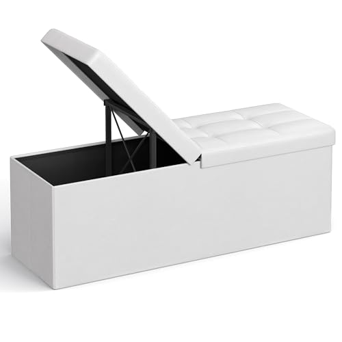SONGMICS MAZIE Collection - 43 Inches Storage Ottoman Bench with Flipping Lid, Storage Chest with Iron Frame Support, Load 660 lb, for Living Room, Bedroom, Synthetic Leather, White ULSF75WT - color: White, size: 15"D x 43"W x 15"H