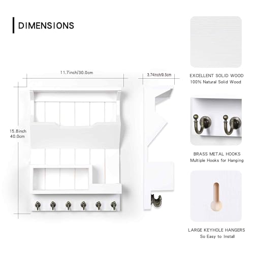 Key Holder for Wall, Mail Organizer Wall Mounted, Mail and Key Holder with 6 Key Hooks for Home Decor, Pine Wood White