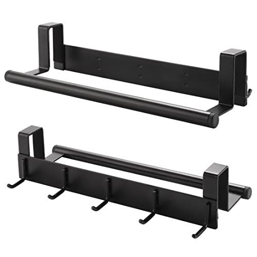 KES Over The Cabinet Door Towel Bar with Hooks, Kitchen Towel Holder with Hooks for Hanging Utensils, Over The Cabinet Door Organizer with Hook 2 Pack, Matte Black, Metal, KUR527-BK-P2