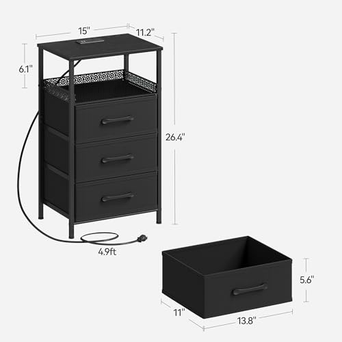 JARHETUN Night Stand Set 2 with Charging Station, 3 Drawer Nightstands with LED Lights, End Table with Outlets and USB Ports, Side Table with Open Shelf, Bedside Tables for Bedroom, Black - color: Black, style: Power & LED