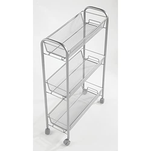 mDesign Steel Rolling Utility Cart Storage Organizer Trolley with 3 Basket Shelves for Laundry Room, Mudroom, Garage, Bathroom Organization - Holds Detergents, Hand Soap - Biro Collection, Silver - color: Silver
